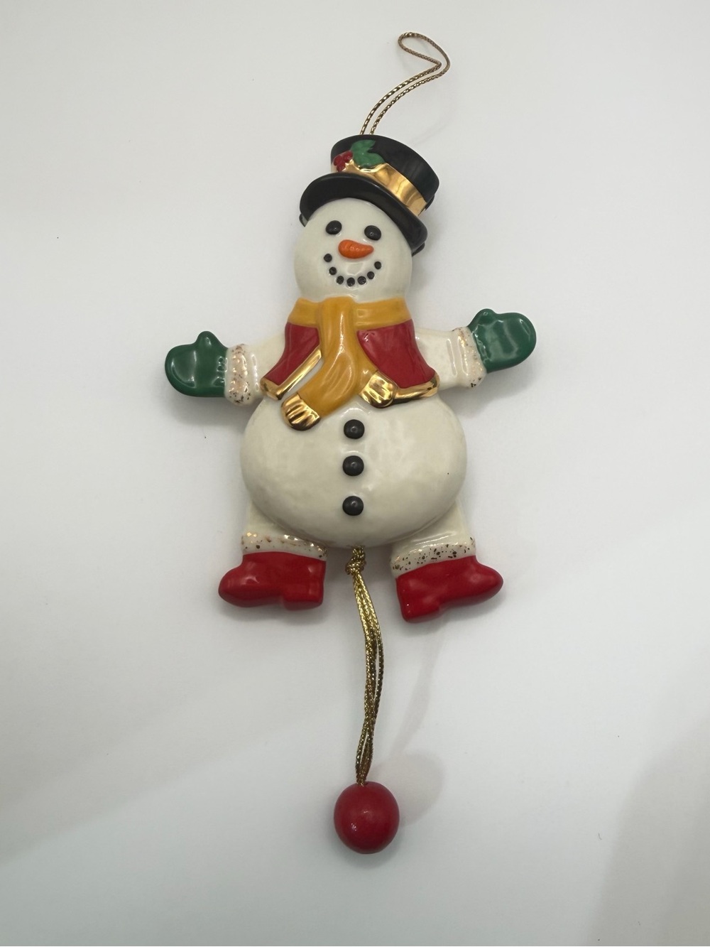 Lenox Snowman Pull String Ornament Porcelain Moving Arms Legs Christmas